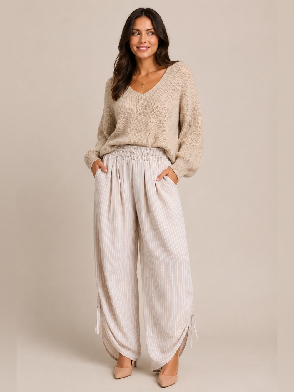 GiGio Latte Striped Barrel Pants with Adjustable Ruched Hem - Picture 8 of 8